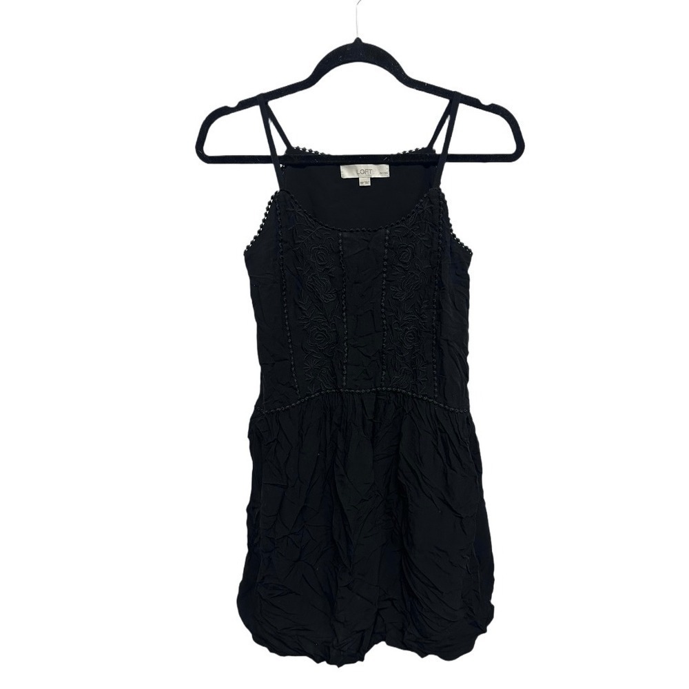 Loft Petite Mini Dress Black Embroidered Front Adjustable Straps Size XS Petite